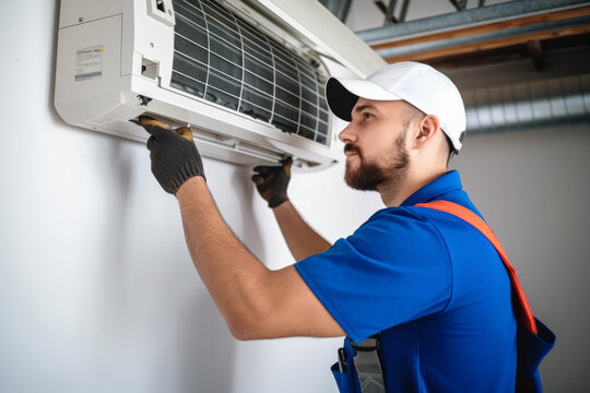 HVAC technician installing a mini split air conditioner in Fremont