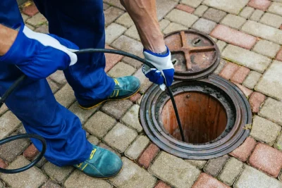 Plumber cleaning an outdoor sewer drain in Fremont