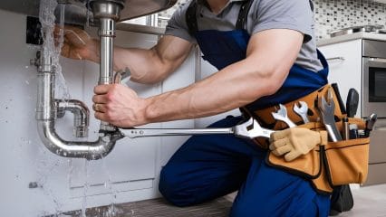 Plumber repairing pipes beneath a sink in Fremont